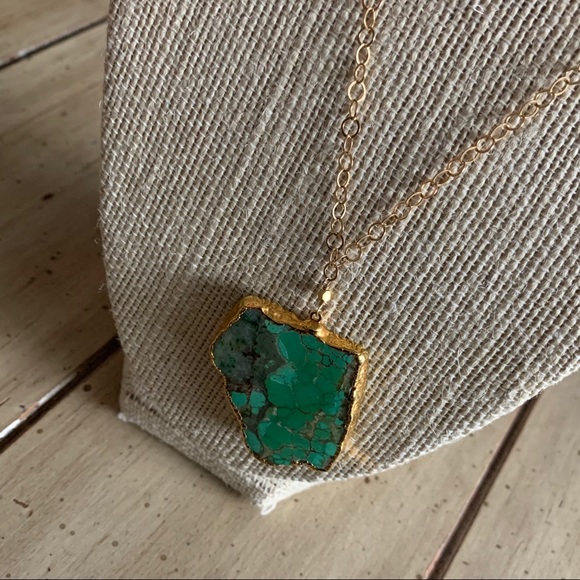 Green Turquoise Variscite slice necklace on a 14k gold-filled chain